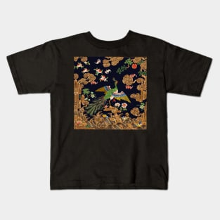 PEACOCK ,FLOWERS AND TREES IN NIGHT BLUE Antique Chinese Floral Kids T-Shirt